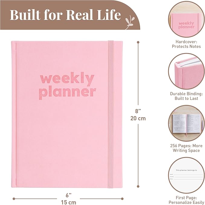 Rileys & Co Undated Daily Planner 8 x 6 in, Day Schedule Planner & Agenda Book, Journal with Goal & Habit Tracker, No Dates Dateless Annual Organizer for Work, School & Home - Pink