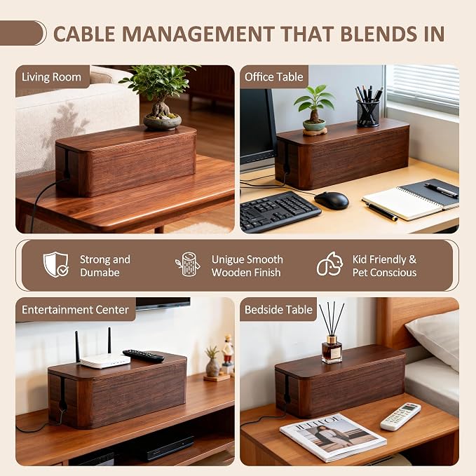 Large Acacia Wood Cable Management Box - Cord Hider&Organizer for TV Wires | Power Strip, Electrical Hiding, Desk & Floor Cables - Solution Wire Storage Solution for Office, Living Room, Bedroom
