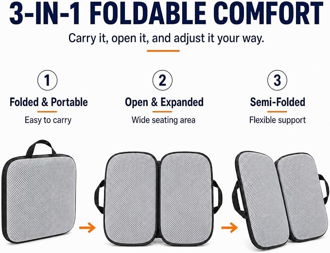 Sojoy 3 in 1 Foldable Gel Seat Cushion Featured with Memory Foam Breathable Seat Cushion for Pressure Relief (Size: 18.5“ x 15" x 2"，Gray Mesh)