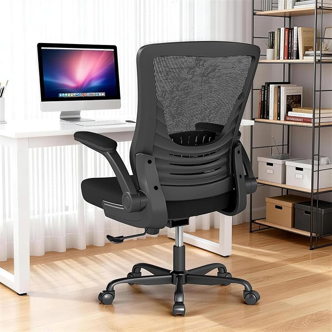 Ergonomic Office Chair – Comfy Mesh Desk Chair with Flip-Up Armrests & Smooth-Rolling Caster, Adjustable Height Home Computer Chair, Breathable & Supportive for Long Hours Sitting