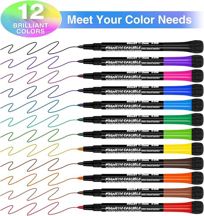 Magnetic Dry Erase Markers Fine: 12 Colors Erasable Whiteboard Markers Fine Point with Eraser Cap, Low Odor White Board Dry Erase Pens Fine Tip for Kids & Teachers, Home, Office and School Supplies