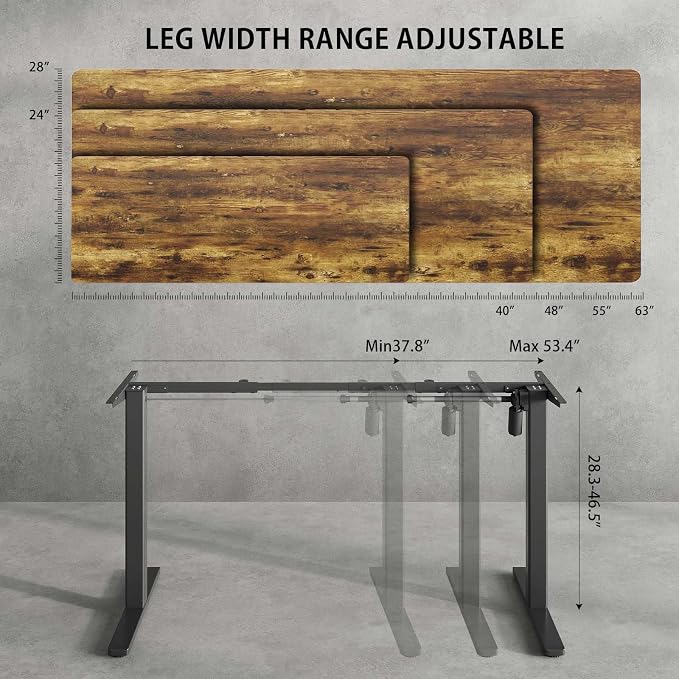 Adjustable Electric Standing Desk Frame, Height & Length Adjustable for 63" x 28" Tabletops, 3 Preset Heights, Heavy Duty 154LBS Capacity, Black Ergonomic Sit Stand Desk Legs for Home Office
