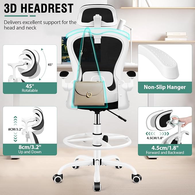 AtHope Drafting Chair, Tall Office Chair with 3D Lumbar & Head Support | Ergonomic Mesh Standing Desk Chair with Footrest Ring, Comfy Extended High Desk Chair with Flip-Up Arms & Hanger, White