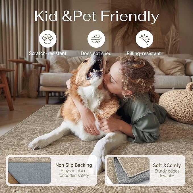 HUGEAR 3x5 Entryway Area Rug Light Brown Small Rug Machine Washable Door Mat Vintage Floral Low Pile Carpet Vacuumable Distressed Throw Rug Entrance Kitchen Bathroom Bedroom Non Slip Lightweight