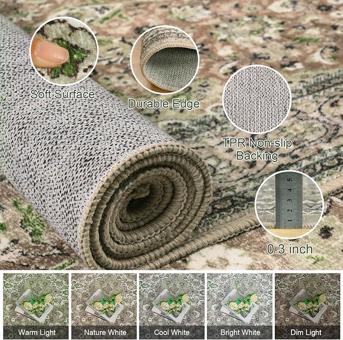 5x7 Green Washable Boho Area Rug for Bedroom, Vintage Floral Non Slip Living Room Rugs, Soft Low Pile Indoor Mat, Aesthetic Pattern Carpet for Kitchen and Dining Room