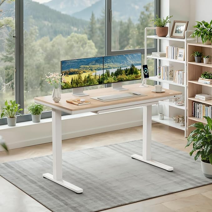 Furmax One-Piece Electric Standing Desk Height Adjustable Sit Stand Desk | with Drawers & USB Charging Port for Home Office Computer Desks (Bamboo Desktop, 48 Inch)