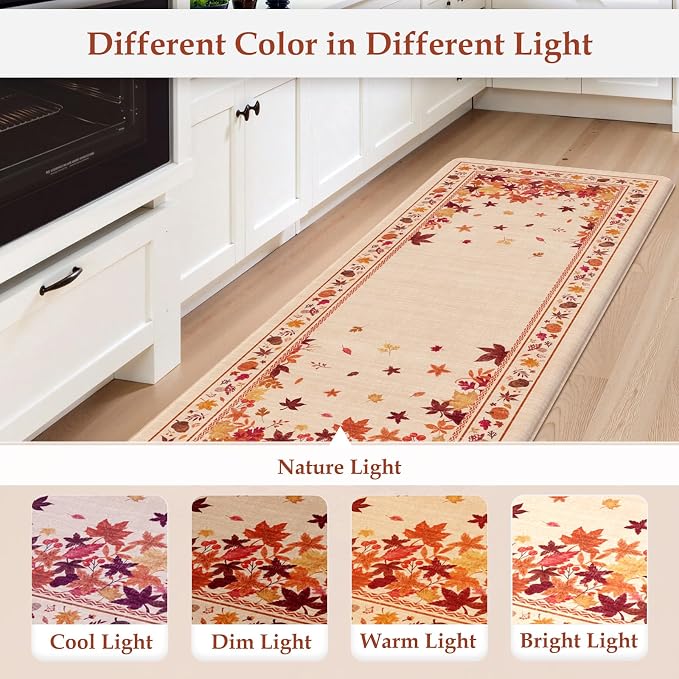 KIMODE Fall Kitchen Mats Cushioned Anti Fatigue 17"x47"+17"x29", Beige Kitchen Mats for Floor, Padded Kitchen Floor Mats Non Slip, Autumn Maple Leaves Standing Mat for Laundry Office Sink Desk