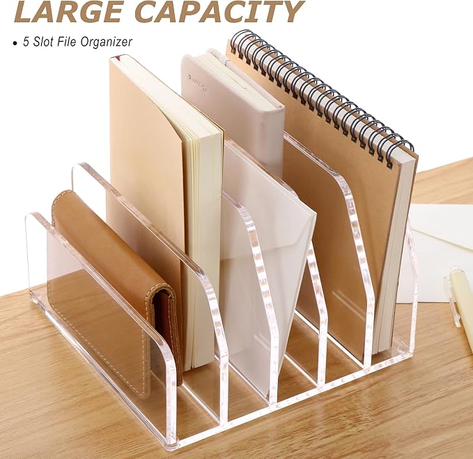 SANRUI Acrylic Desk Mail Organizer Sorters, Clear Letter Holder 5 Slot | Laddered File Desktop File Holder, Multifunction Envelope Vertical Folder Racks Document Holders for Office, Home, School