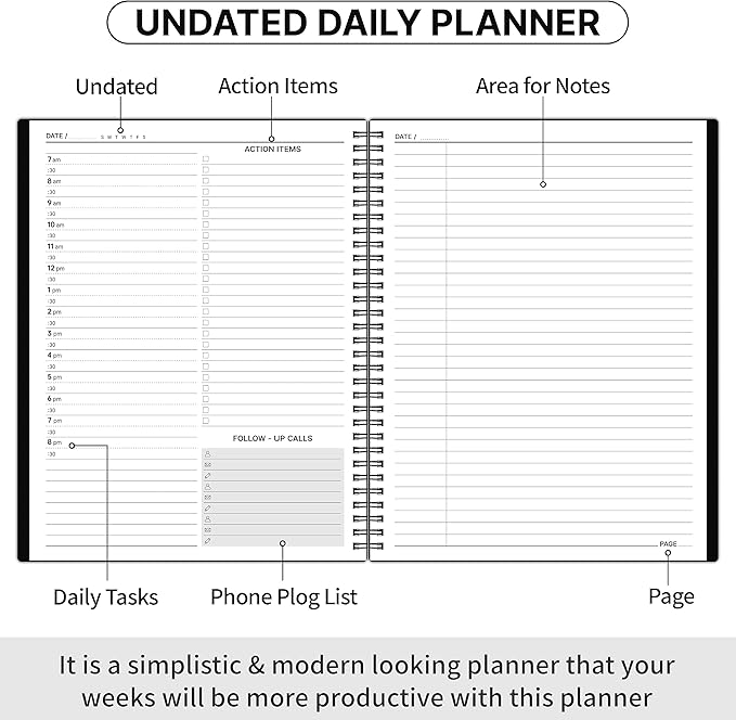 Daily Planner Undated - Spiral Appointment Planners, 208 Pages, 8.8" x 11", Daily Planner with Hourly Schedules, Appointment Book for Man/Women, Inner Pocket, Elastic Closure
