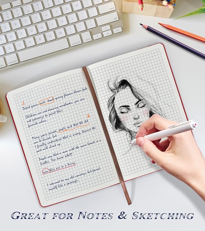 Biuwory Graph Paper Notebook Journal for Women Men,140 Pages Hardcover Grid Notebooks for Work & School,Leather Journals for Writing, Graphing Paper Notebook 5.7"×8.3" (Winered)