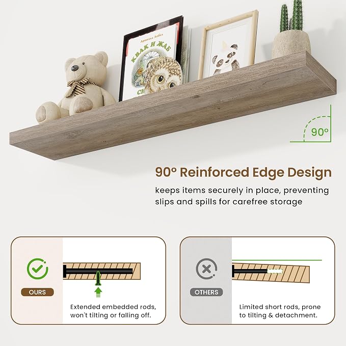 48in Floating Shelves for Wall, 48"W x 9.25"D x 1.25"H, 2 Pack Long Wall Mounted Engineered Wood Shelves with Invisible Brackets for Living Room, Bedroom, Bathroom, Kitchen Decor and Storage, Grey