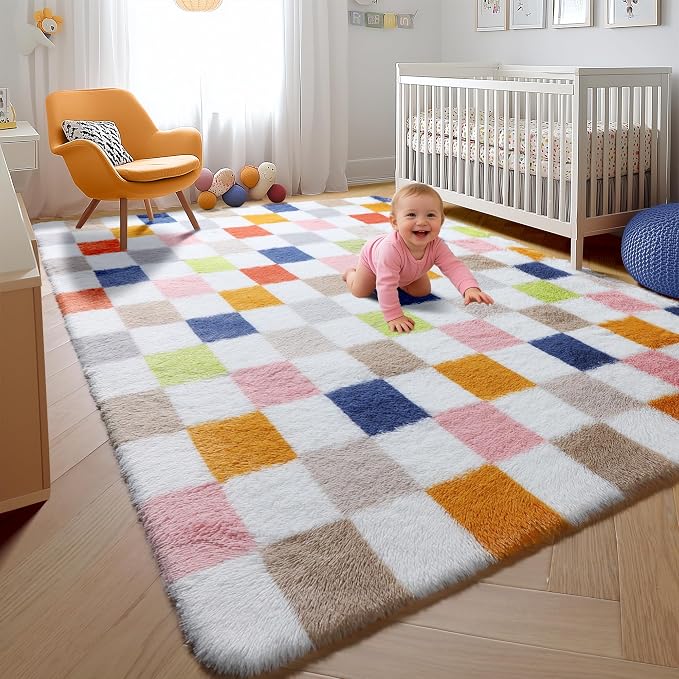 KICMOR Rugs for Living Room 5x7, Fluffy Soft Colorful Checkered Shag Area Rug Fuzzy Shaggy Carpet for Bedroom, Indoor Rainbow Plush Rug for Teen Kids Boys Girls Dorm Nursery Home Decor Aesthetic