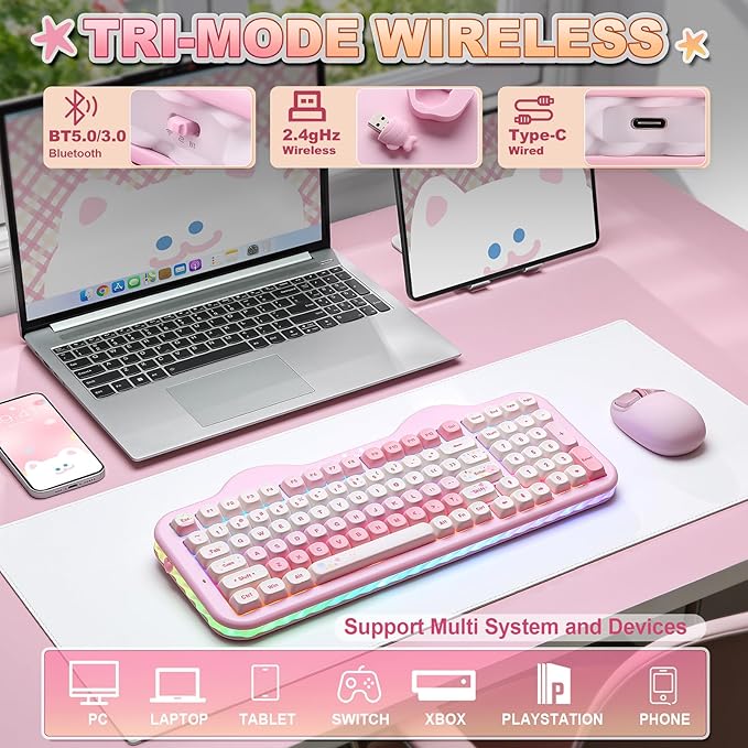 YUNZII C98 Wireless Mechanical Keyboard with Number Pad,99 Key BT5.0/2.4G/USB-C Hot Swap Gasket Mount with PBT MOA Keycaps,Custom RGB,Cute Cake Keyboard for Win/Mac (Pink, Candy Linear Switch)