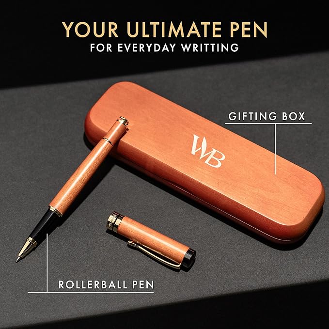 Wordsworth and Black Rollerball Pen-Stunning Luxury Pen Bamboo Cherrywood Gold Finish, Refillable, Best Roller Ball Gift Set Pen for Men & Women, Ink Refill,Point Office Pens for Writing
