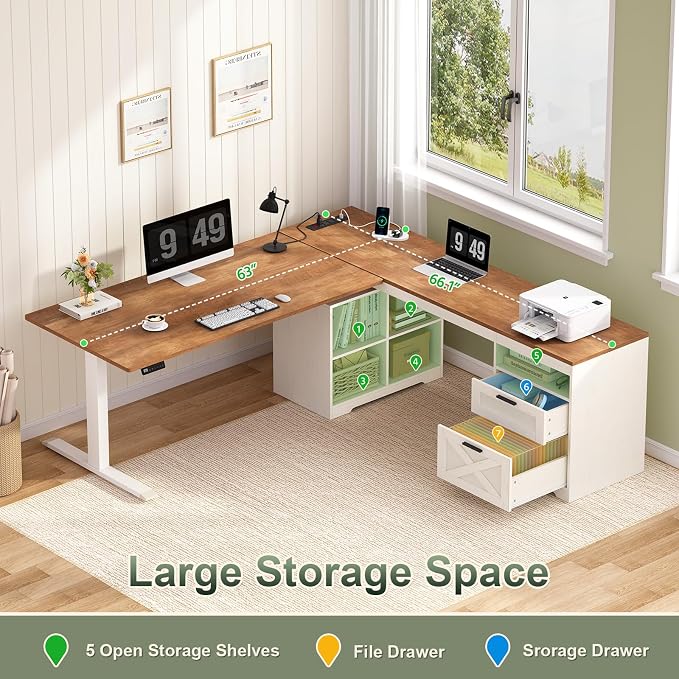 66 inch Farmhouse L Shaped Standing Desk with Storage for Home Office | Corner Electric Standing Desk with Drawers ＆ Storage Shelves, Height Adjustable Desk with Power Outlets, Antique White