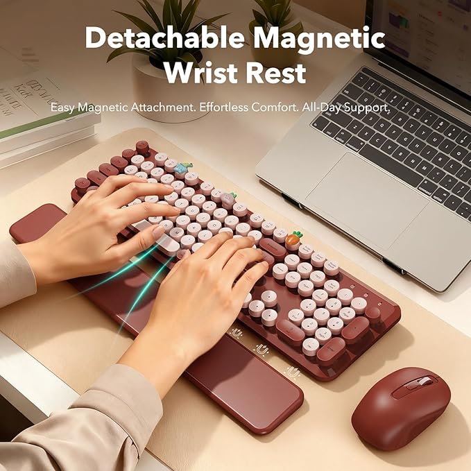 Wireless Keyboard and Mouse Combo, Wine Red Retro Typewriter-Style Keyboard with Round Keycaps and Magnetic Wrist Rest, 2.4G USB Wireless for Windows PC Laptop Desktop, Home Office School Essentials