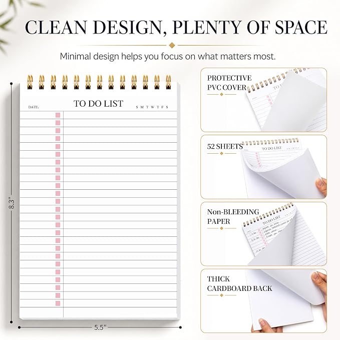 To Do List Notepad, Undated Daily Planner Notepad with To Do List Notebook Checklist Planner Spiral Waterproof Cover Notepad for Office Supplies, School Planner, Pink, 52 Sheets, 5.5"*8.3" A5 Size