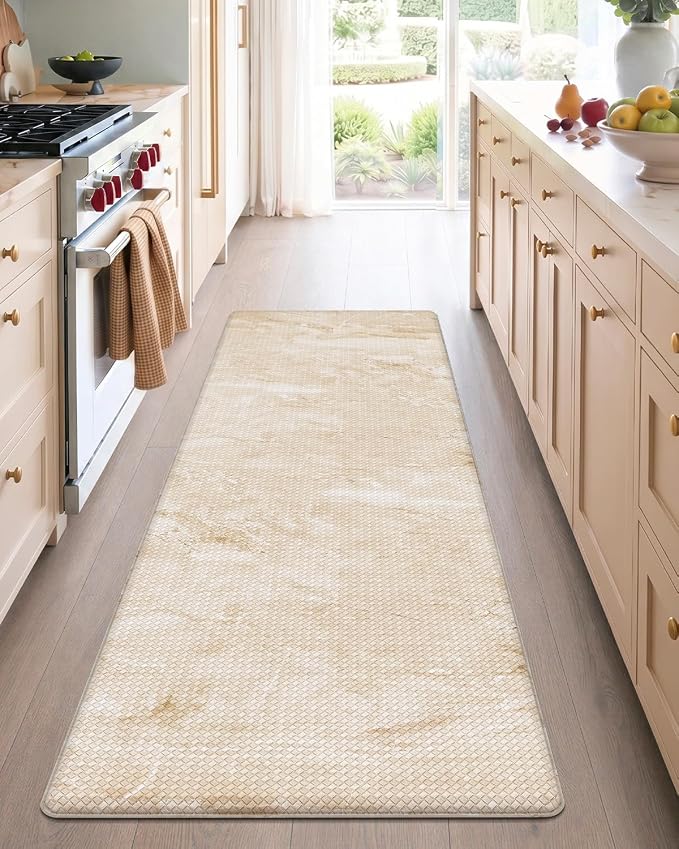 Color&Geometry Kitchen Mats for Floor 24x87 Cream/Beige Marble Design | Non Slip Kitchen Runner, Easy Clean, Oil/Water Proof, 0.4in Thick Antifatigue Standing Mat For Laundry/Office, Home Decor