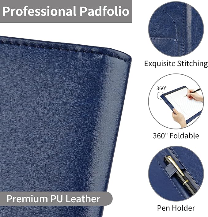 Professional Padfolio Portfolio Binder, Faux Leather Interview Resume Folder, Letter Size A4 Legal Writing Pad Holder, Document Organizer for Business School Office Conference (Blue)