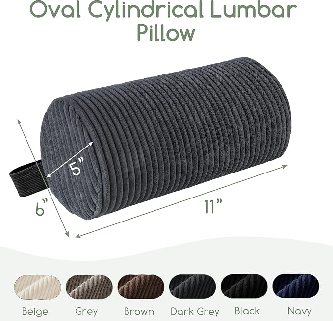 Lumbar Roll Lumbar Support Pillow for Office Chairs, Cars, and Gaming Chairs, Back Cushion with Washable Cover & Adjustable Strap to Relieve Back Pain and Improve Posture, 11"x6"x5", Dark Grey