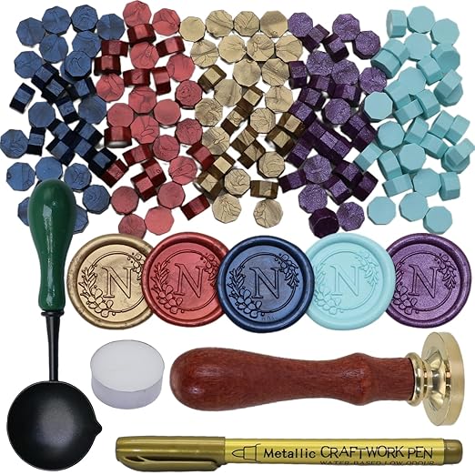 Initial Alphabet Wax Seal Stamp Set, Retro Letter N Sealing Stamp with 150Pcs Sealing Wax Beads in 5 Color, Melt Non Stick Spoon Pen Kit for Wedding and Christmas (N)