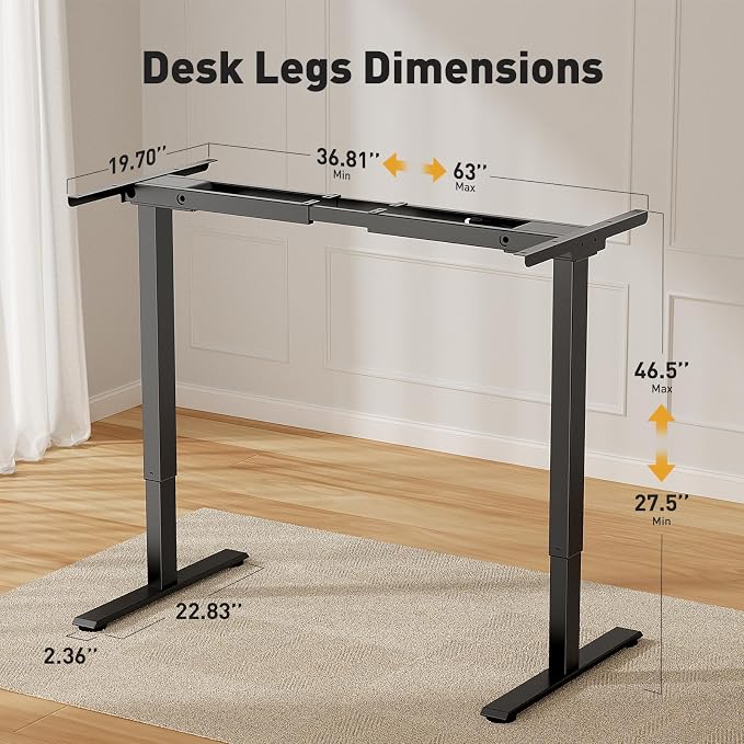 Dual Motor Standing Desk Frame, Height Adjustable Electric Desk Frame (27.5"–46.5"), 160 lbs Capacity, Quiet Sit Stand Desk with Memory Controller, Home Office Desk Frame Black
