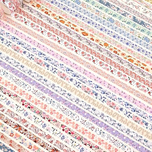 icceemee 60 Rolls Flowers Theme Washi Tape Set with Different Colorful Patterns, Writable Decorative Tapes for Scrapbooking, Junk Journal Supplies, Bullet Journaling, 0.39'' x 79'' per Roll