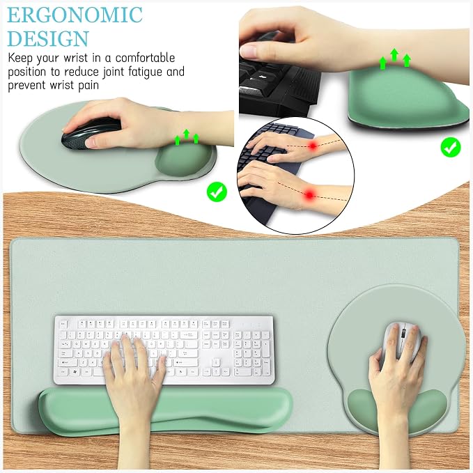 LIMKRIAN Sage Green Mouse Pad Set, Complete XXL Desk Mat with Ergonomic Keyboard Support & Coaster, Featuring Mouse Pad with Gel Wrist Rest for Pain Relief, Home Office Gaming Accessories Gift