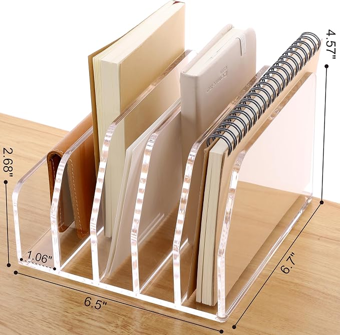 SANRUI Acrylic Desk Mail Organizer Sorters, Clear Letter Holder 5 Slot | Laddered File Desktop File Holder, Multifunction Envelope Vertical Folder Racks Document Holders for Office, Home, School