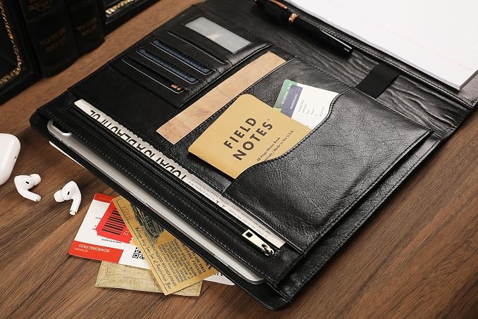 Personalized Leather Padfolio for Men - Business Portfolio with Clipboard, Engraved Legal Pad Folio Folder, A4 Letter Size Ideal Business and Corporate Gifts, Oil Black - Custom