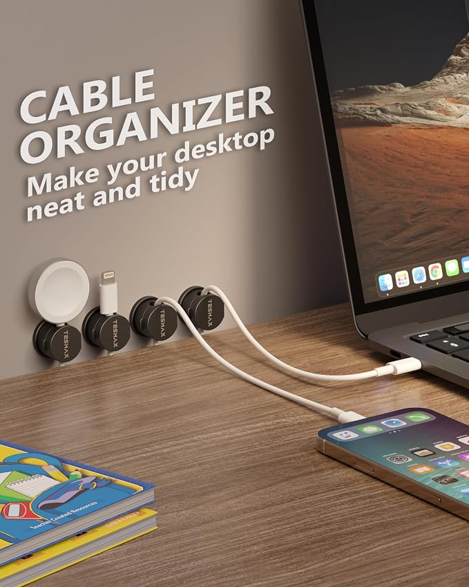 6Pack Magnetic Cord Holder 360° Rotating, 1s Lock Adhesive Desk Organizers | 8mm Cable Pass-Through, One-Hand Easy Installation for Cable Management, Phone Charging Wires Nightstand Car Home Office