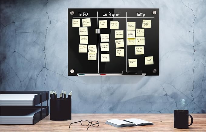 Real Glass Dry Erase Board, 18" x 24", Tempered Glass Surface, Frameless Wall Mount, with 4 Assorted Color Markers and Eraser, by Better Office Products (Jet Black)