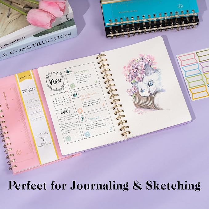 Dot Grid Spiral Notebook A5 Spiral Bullet Dotted Journal 160 Pages Thick Dot Paper Notebooks Plastic Hardcover Spiral Notebook 5x7 Wire Bound Notebooks for Note Taking School Office Supplies,Purple