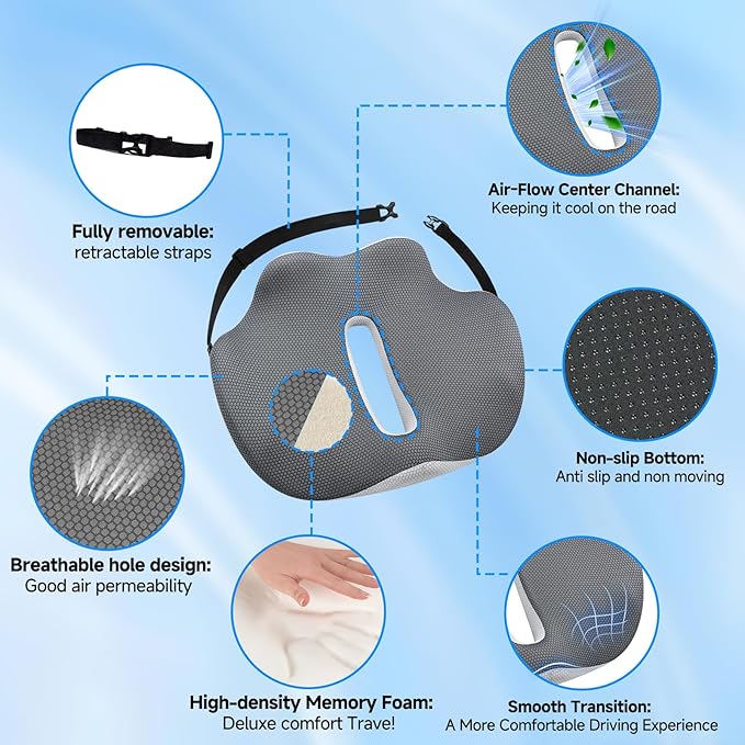 X-Large Truck Seat Cushion for Truck Drivers, Memory Foam Support | Seat Cushion for Long Driving & Sitting, Tailbone Pain Relief, Ergonomic Back Support, Non-Slip Washable Cover for Cars