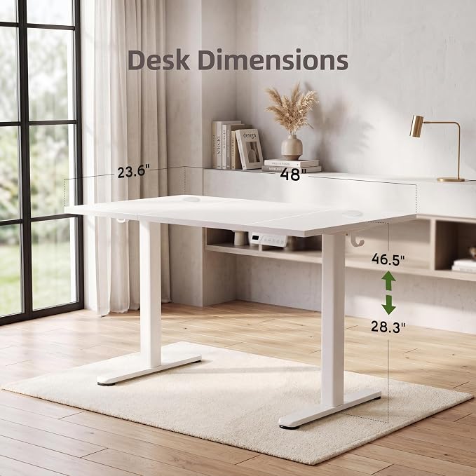 Claiks Electric Standing Desk, 48x24 Inch, White | Adjustable height for sit-stand, 156lbs capacity, scratch-resistant surface, 3 memory presets, cable management & hook.