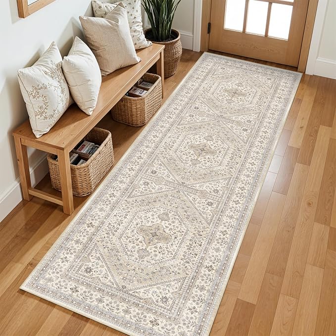 2x6 Runner Rug for Hallway Washable: Non Slip Kitchen Rugs with Rubber Backing Soft Waterproof Mats Stain Resistant Indoor Vintage Carpet Runner for Bedroom Bathroom Laundry Entryway Beige/Gray