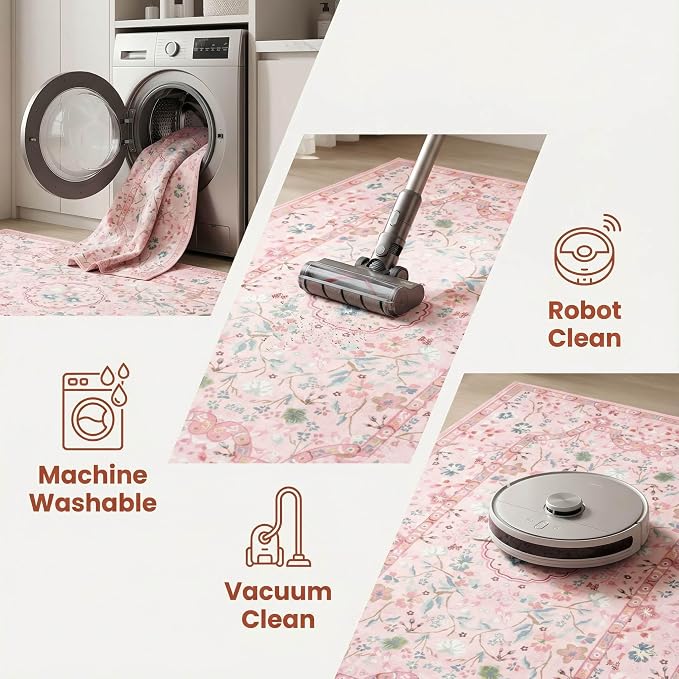 3x5 Area Rugs for Bedroom, Pink Machine Washable Rug, Non-Slip Low Pile Throw Rugs with Rubber Backing Printed Vintage Floral Carpet for Living Room Dining Room Kitchen Home Decor