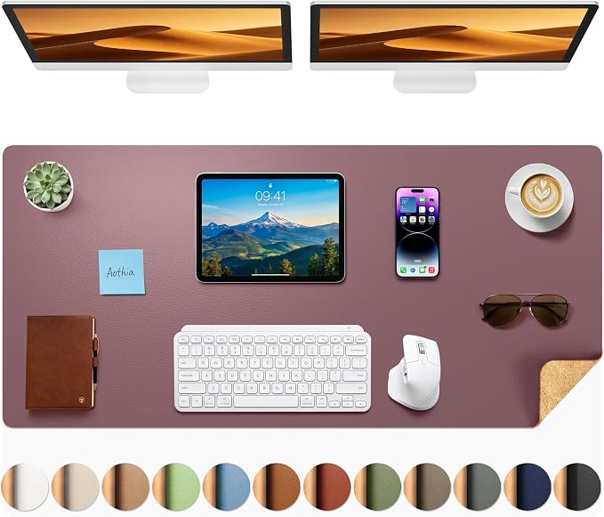 Aothia Dual-Sided Desk Mat, FSC Cork & PU Leather Desk Pad, Large Mouse Pad & Writing Surface for Extended Desk Setup, Non-Slip Waterproof Desk Protector - 47" x 17", Pale Mauve