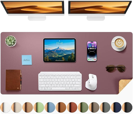 Aothia Dual-Sided Desk Mat, FSC Cork & PU Leather Desk Pad, Large Mouse Pad & Writing Surface for Extended Desk Setup, Non-Slip Waterproof Desk Protector - 47" x 17", Pale Mauve