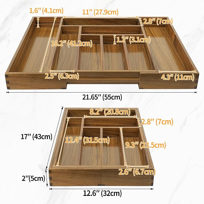 Luxury Acacia Kitchen Drawer Organizer - Silverware Organizer - Utensil Holder and Cutlery Tray with Grooved Drawer Dividers for Flatware and Kitchen Utensils (8 Slot), 17*12.4*2 inch
