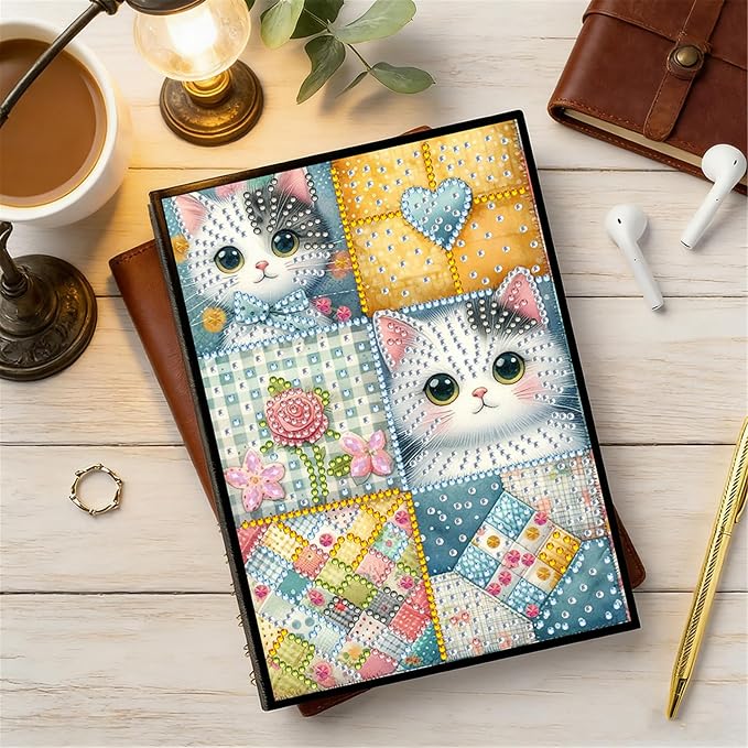 FRANDEK Diamond Art Painting Notebook Kit, Plaid Cat A5 DIY Journal with 50 Blank Pages, Crystal Rhinestone Cover with Waterproof Canvas, Beginner Craft Set with Full Tools for Adults
