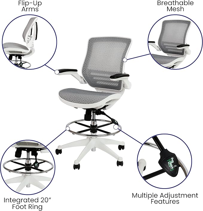 Flash Furniture Waylon Mid-Back Swivel Office Chair with Adjustable Foot Ring and Seat Height, Ergonomic Mesh Chair with Armrests, Gray/White | White Frame, Mid-Back, Flip-Up Arms, Mesh Back