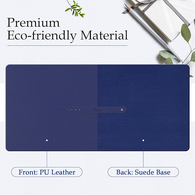 TOWWI PU Leather Desk Pad with Suede Base, Multi-Color Non-Slip Mouse Pad, 24” x 14” Waterproof Desk Writing Mat, Large Desk Blotter Protector (Dark Blue)