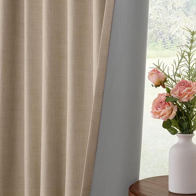 INOVADAY 100% Blackout Curtains for Bedroom, Taupe Black Out Curtains 102 Inch Long, Clip Rings Linen Blackout Drapes, Thermal Insulated Room Darkening for Living Room, 2 Panels - W50xL102