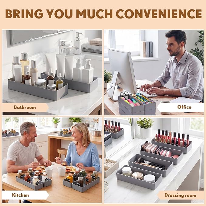Teling 12 Pcs Grey Large Rectangular Desk Organizer Set Half Accessory Tray Plastic Tabletop Organizer for Office Home or Study Dimensions: 9.45 x 2.95 x 1.38 Inches