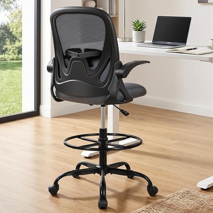 Primy Drafting Chair Tall Office Chair with Flip-up Armrests Executive Ergonomic Computer Standing Desk Chair with Lumbar Support and Adjustable Footrest Ring（Dark Gray）