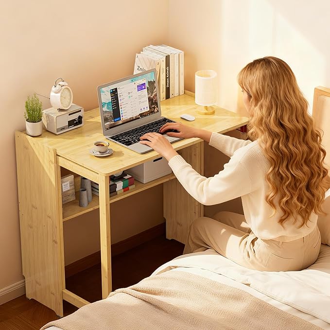 Bamboo Foldable Desk, Folding Desks for Small Spaces, Mid Century Small Computer Desk with Bookshelf for Bedroom Home Office, Natural