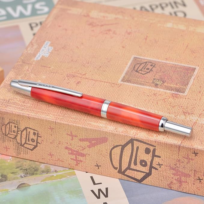 Jinhao 10 Press Fountain Pen with Box, Volcanic Red Retractable Medium Nib with Ink Converter Set (Silver Clip)