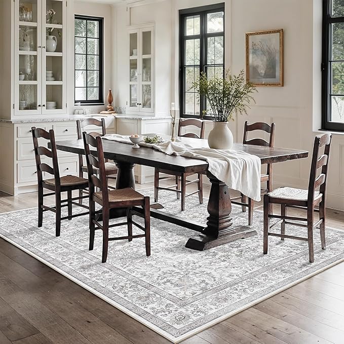 5x7 Gray Washable Area Rugs for Living Room Non Slip Low Pile Vintage Boho Throw Rug Soft Retro Distressed Floral Carpet Indoor Farmhouse Decor for Bedroom Dining Room Office Kitchen Playroom