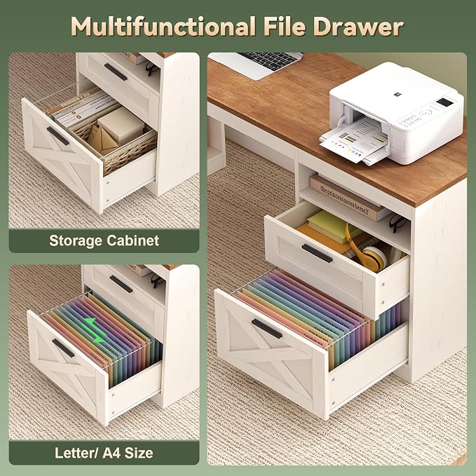 66 inch Farmhouse L Shaped Standing Desk with Storage for Home Office | Corner Electric Standing Desk with Drawers ＆ Storage Shelves, Height Adjustable Desk with Power Outlets, Antique White